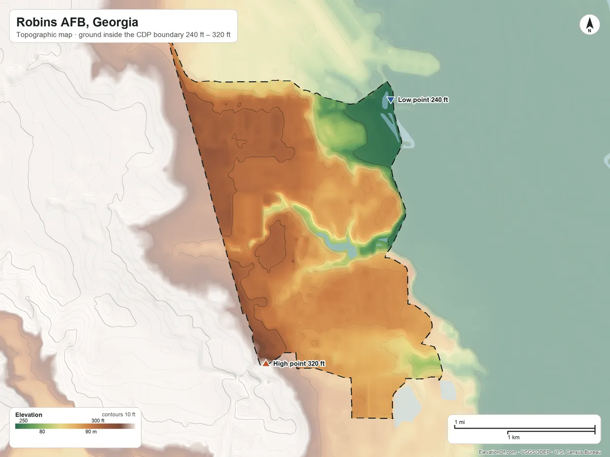 Topographic elevation map of Robins AFB, Georgia, shaded from 240 ft on the north side to 320 ft on the west side