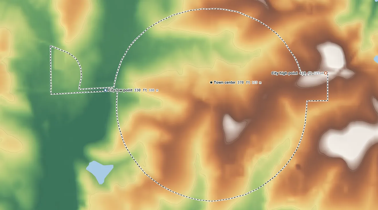 Topographic elevation map of Rochelle, Georgia, shaded from 330 ft on the west side to 410 ft on the east side