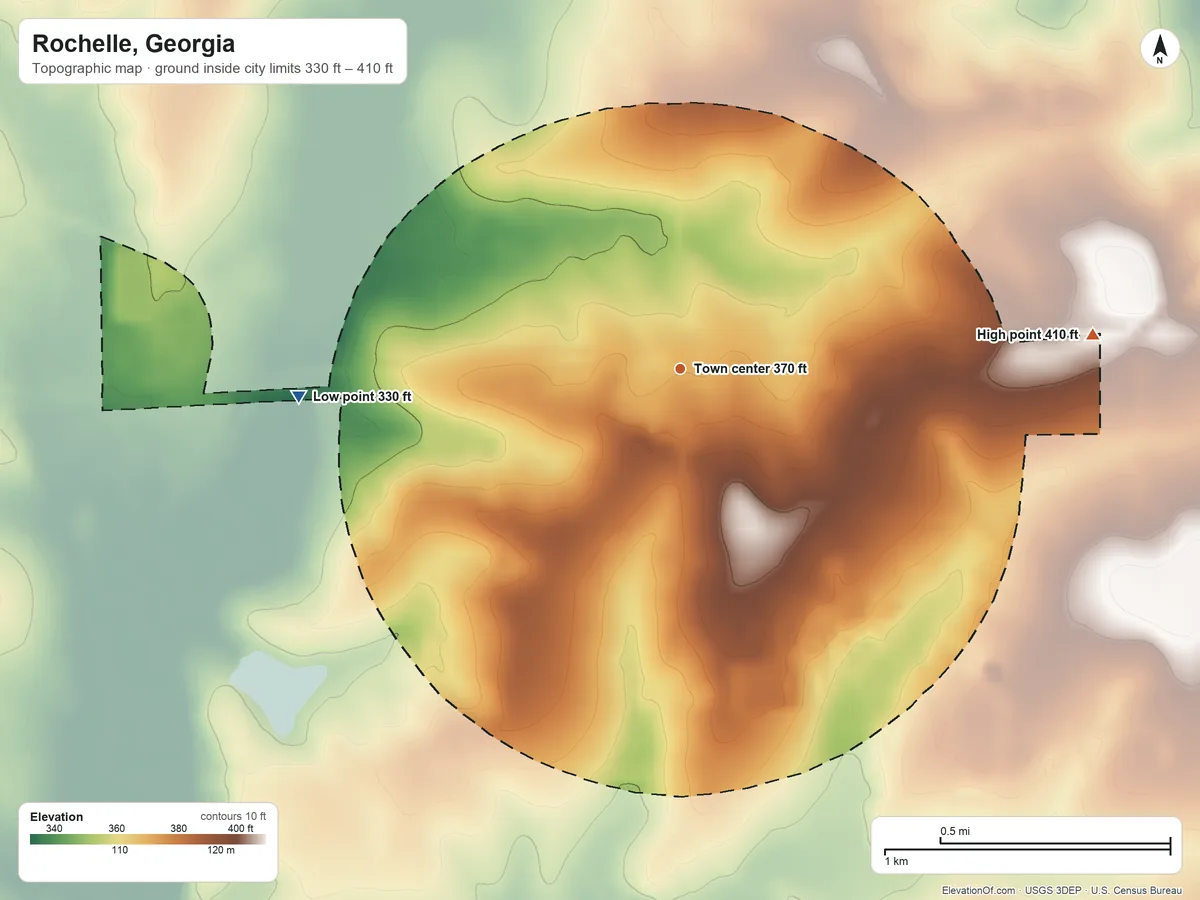 Topographic elevation map of Rochelle, Georgia, shaded from 330 ft on the west side to 410 ft on the east side