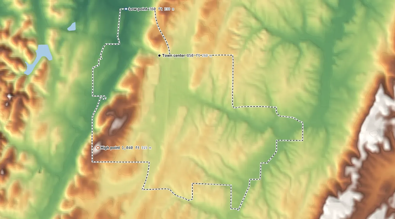 Topographic elevation map of Rock Spring, Georgia, shaded from 760 ft on the northwest side to 1,040 ft on the southwest side