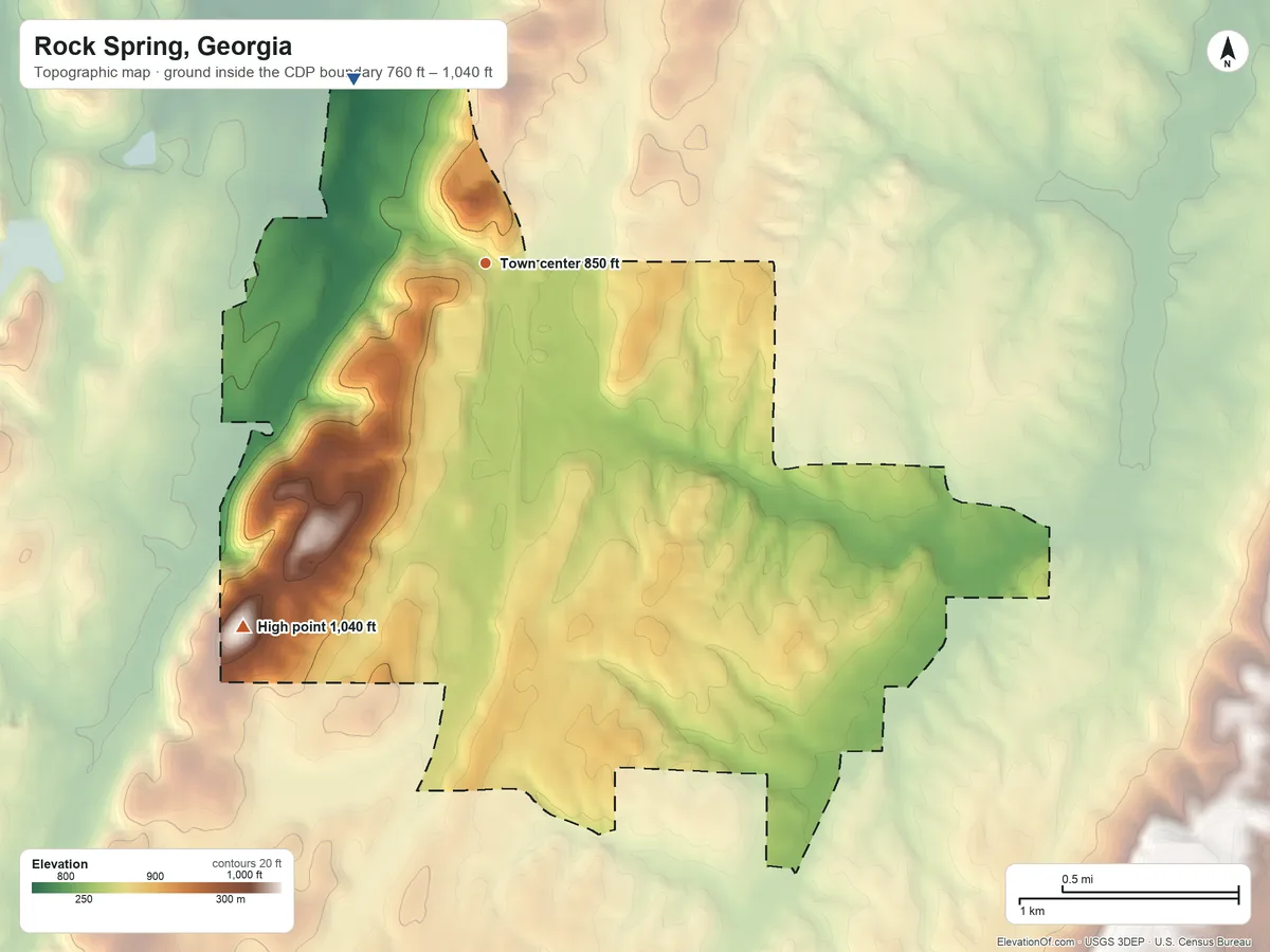 Topographic elevation map of Rock Spring, Georgia, shaded from 760 ft on the northwest side to 1,040 ft on the southwest side