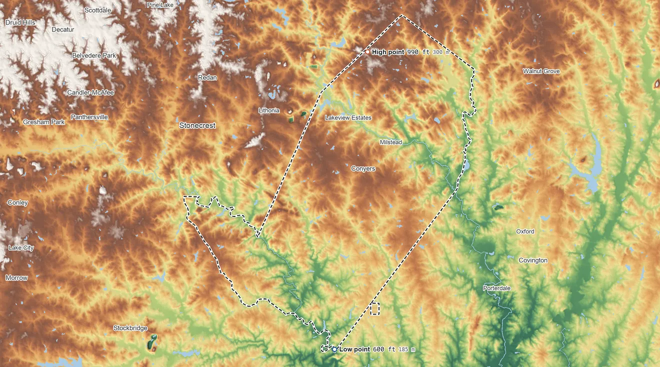 Topographic elevation map of Rockdale County, Georgia, shaded from 600 ft on the south side to 990 ft on the north side