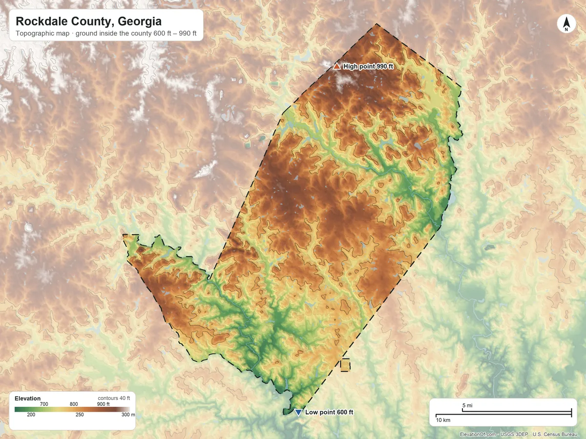 Topographic elevation map of Rockdale County, Georgia, shaded from 600 ft on the south side to 990 ft on the north side