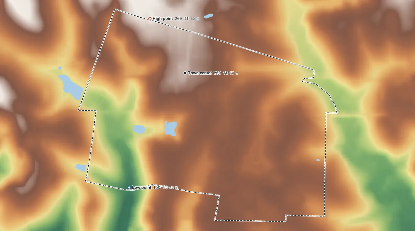 Topographic elevation map of Rockingham, Georgia, shaded from 150 ft on the southwest side to 200 ft on the northwest side