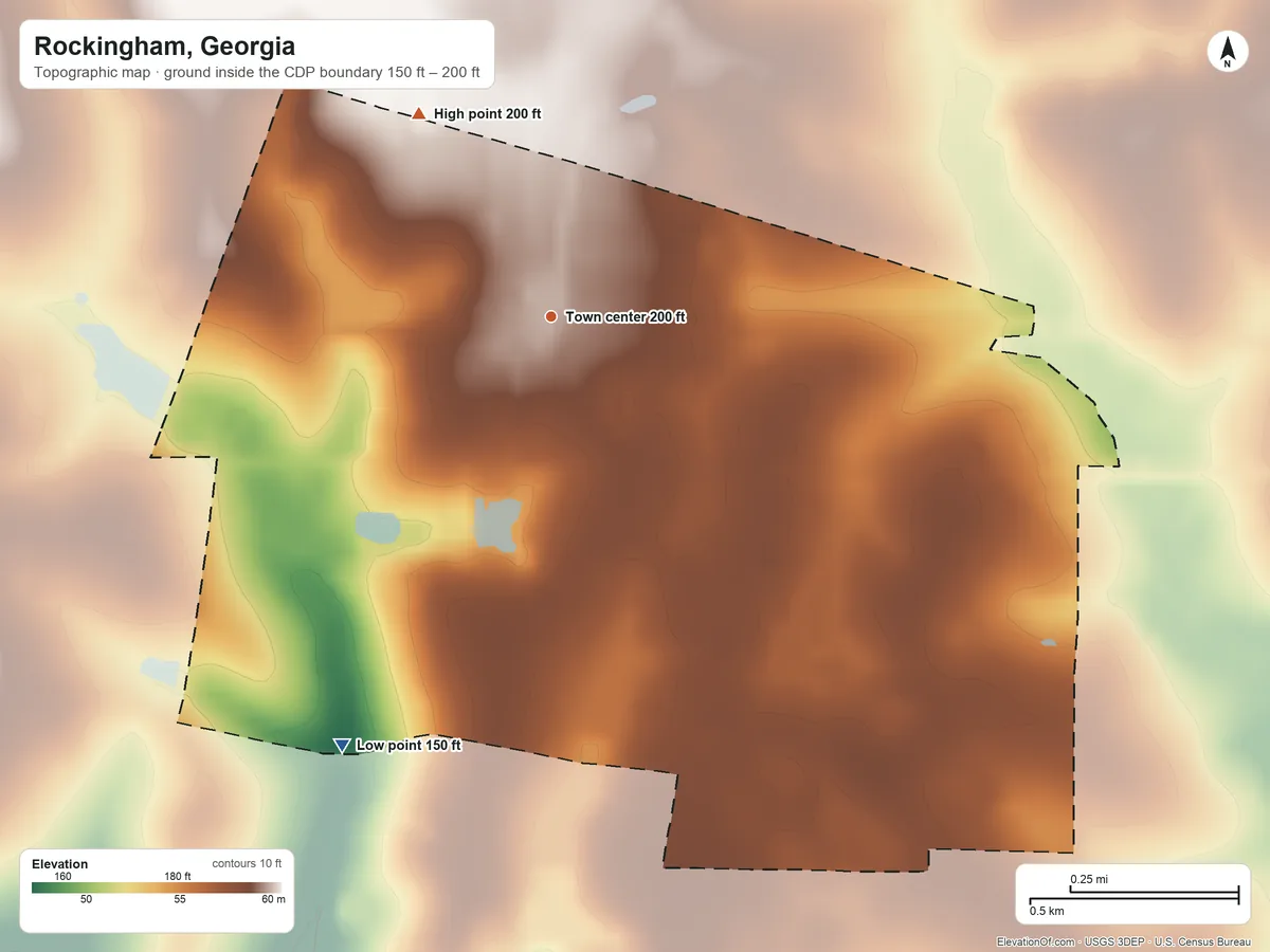Topographic elevation map of Rockingham, Georgia, shaded from 150 ft on the southwest side to 200 ft on the northwest side