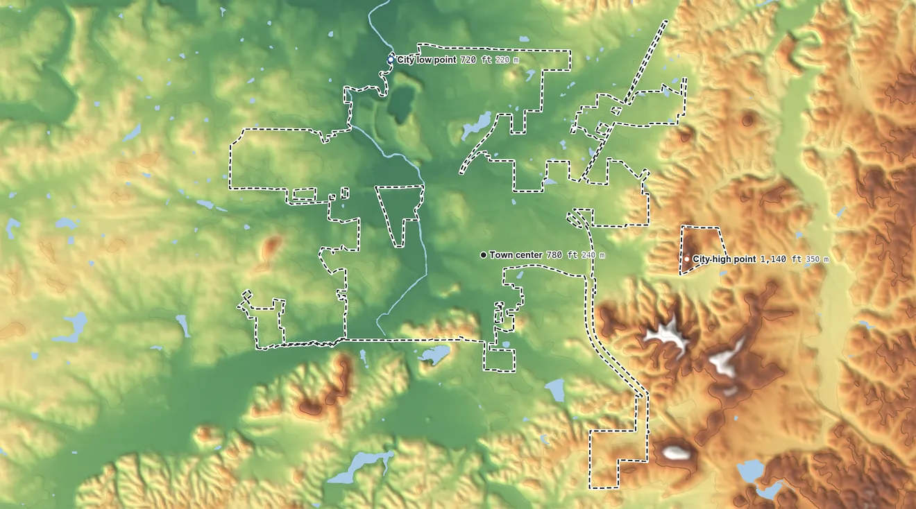 Topographic elevation map of Rockmart, Georgia, shaded from 720 ft on the northwest side to 1,140 ft on the east side