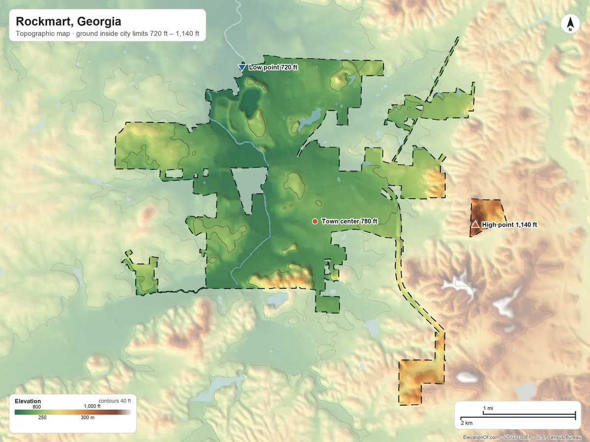 Topographic elevation map of Rockmart, Georgia, shaded from 720 ft on the northwest side to 1,140 ft on the east side