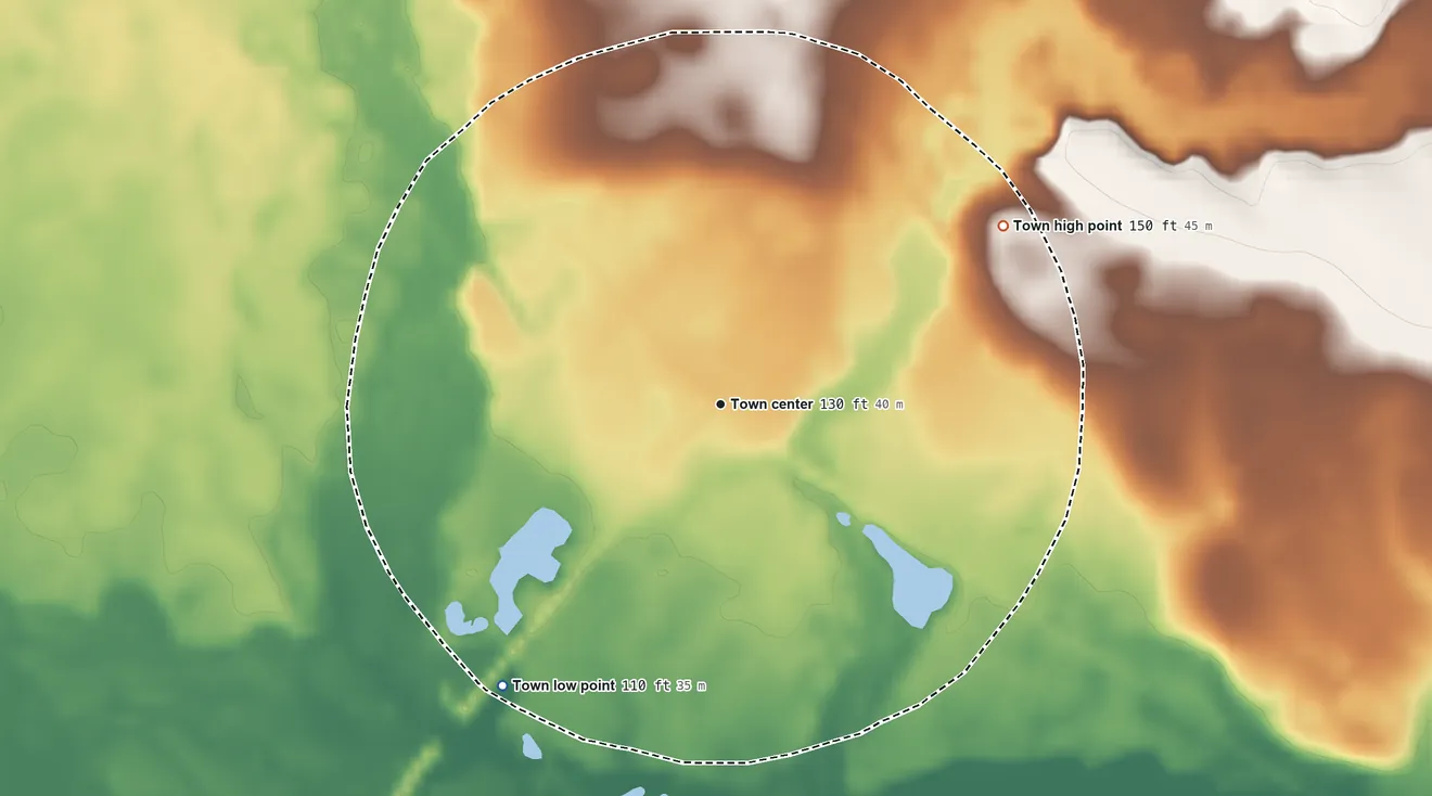 Topographic elevation map of Rocky Ford, Georgia, shaded from 110 ft on the southwest side to 150 ft on the northeast side