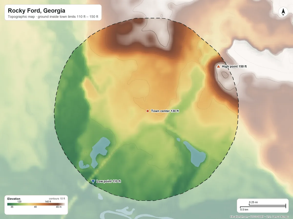 Topographic elevation map of Rocky Ford, Georgia, shaded from 110 ft on the southwest side to 150 ft on the northeast side