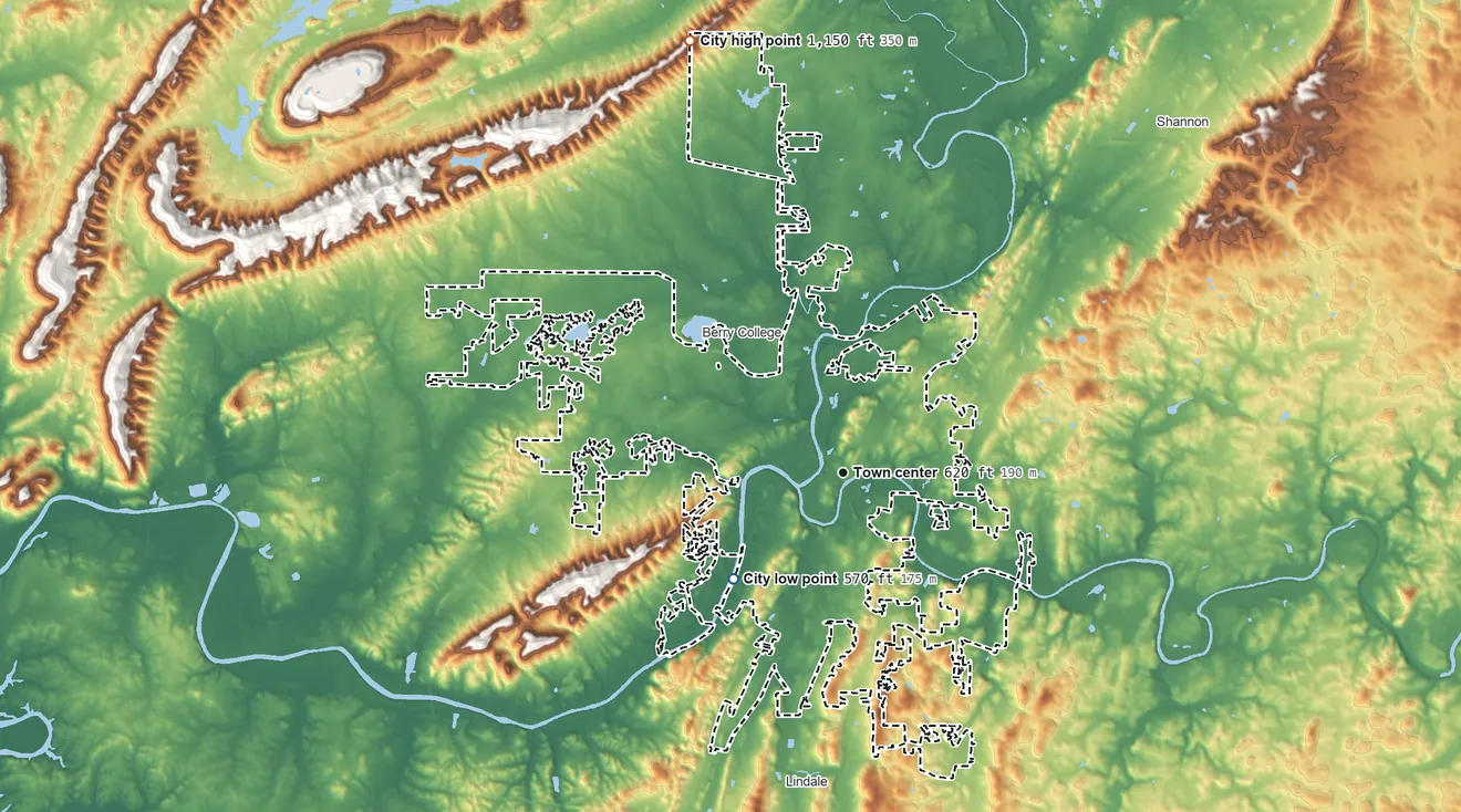 Topographic elevation map of Rome, Georgia, shaded from 570 ft on the southwest side to 1,150 ft on the north side