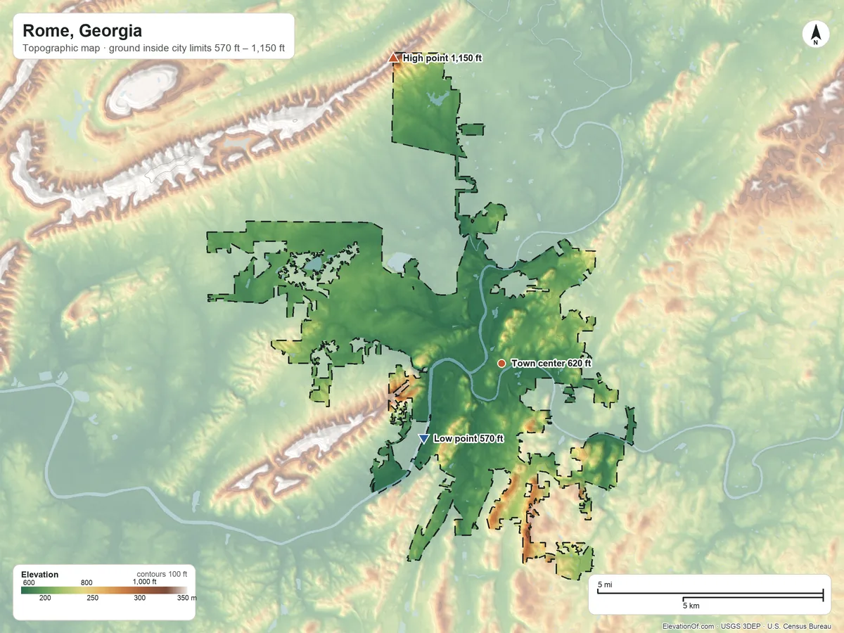 Topographic elevation map of Rome, Georgia, shaded from 570 ft on the southwest side to 1,150 ft on the north side