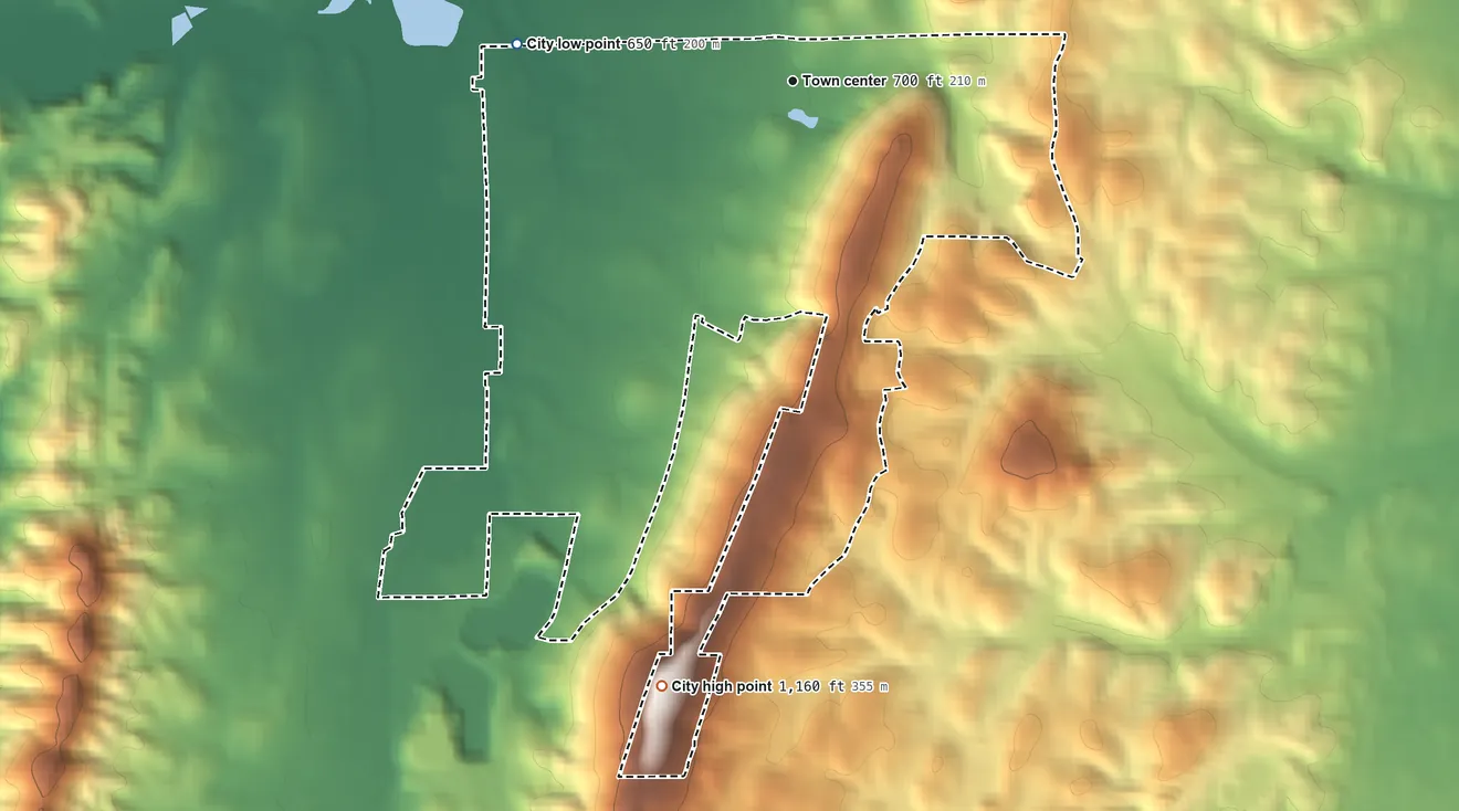 Topographic elevation map of Rossville, Georgia, shaded from 650 ft on the west side to 1,160 ft on the south side