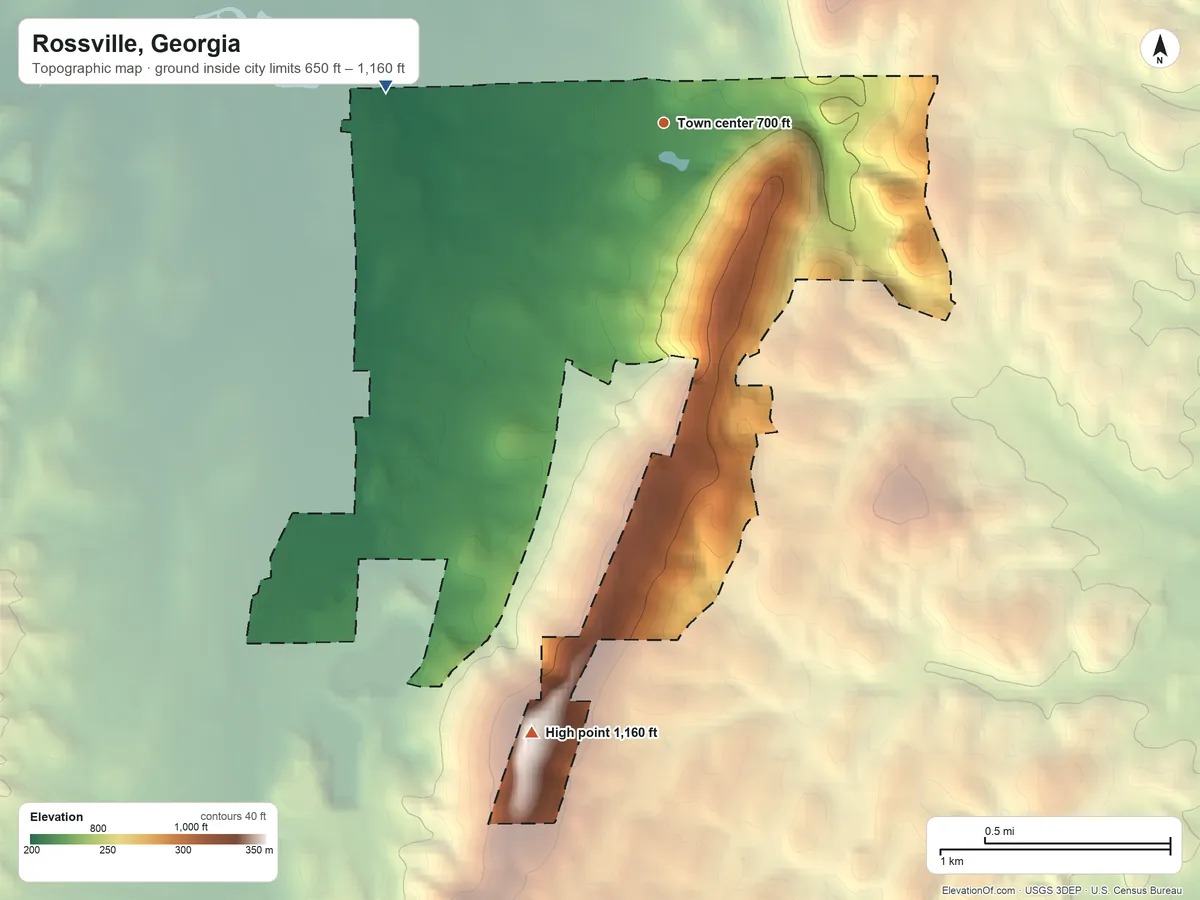 Topographic elevation map of Rossville, Georgia, shaded from 650 ft on the west side to 1,160 ft on the south side