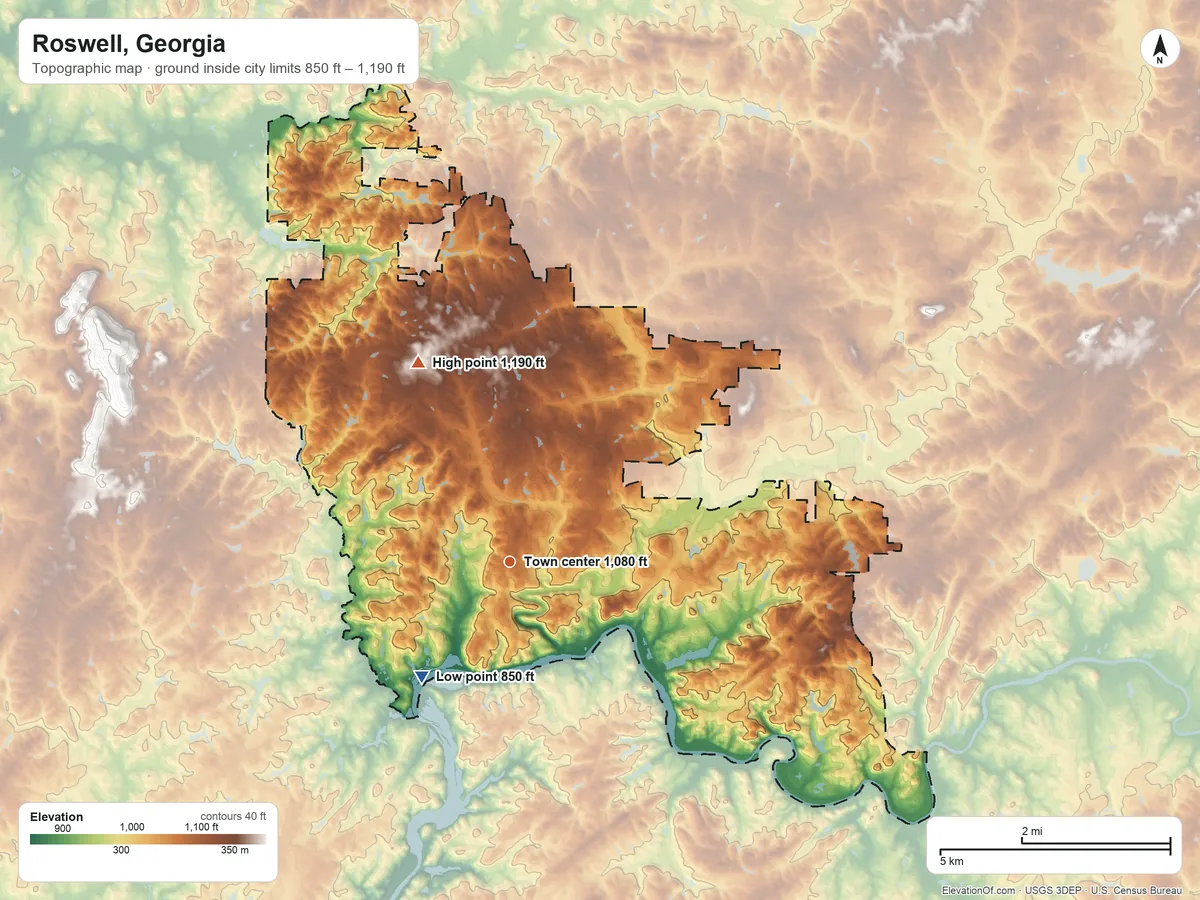 Topographic elevation map of Roswell, Georgia, shaded from 850 ft on the southwest side to 1,190 ft on the northwest side