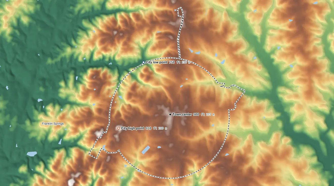 Topographic elevation map of Royston, Georgia, shaded from 750 ft on the northwest side to 910 ft on the west side