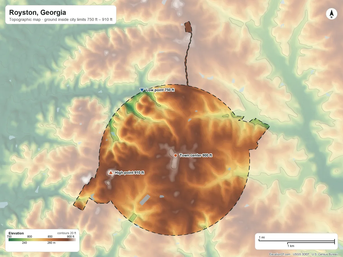 Topographic elevation map of Royston, Georgia, shaded from 750 ft on the northwest side to 910 ft on the west side
