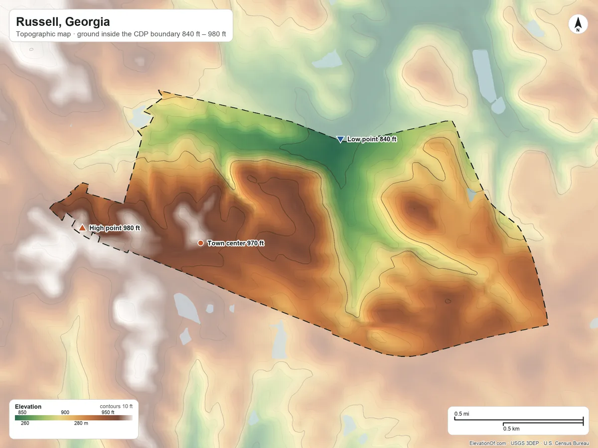Topographic elevation map of Russell, Georgia, shaded from 840 ft on the northeast side to 980 ft on the west side