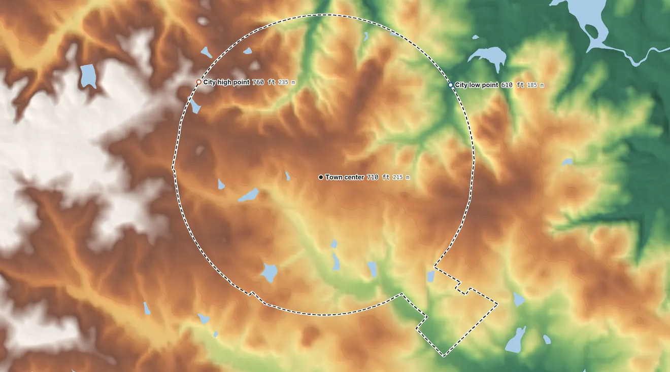 Topographic elevation map of Rutledge, Georgia, shaded from 610 ft on the northeast side to 760 ft on the northwest side