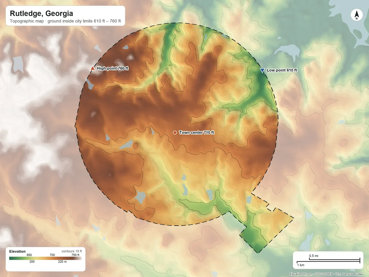 Topographic elevation map of Rutledge, Georgia, shaded from 610 ft on the northeast side to 760 ft on the northwest side