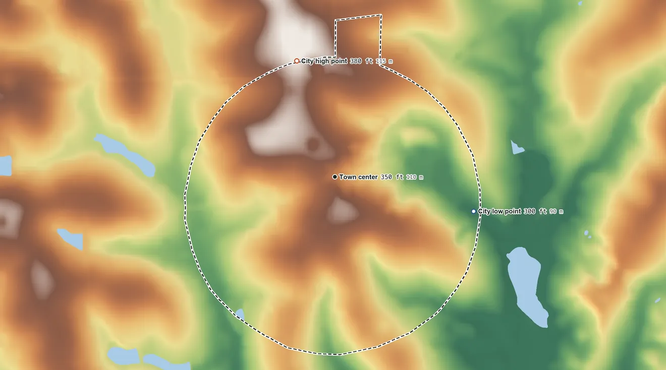 Topographic elevation map of Sale City, Georgia, shaded from 300 ft on the east side to 380 ft on the north side
