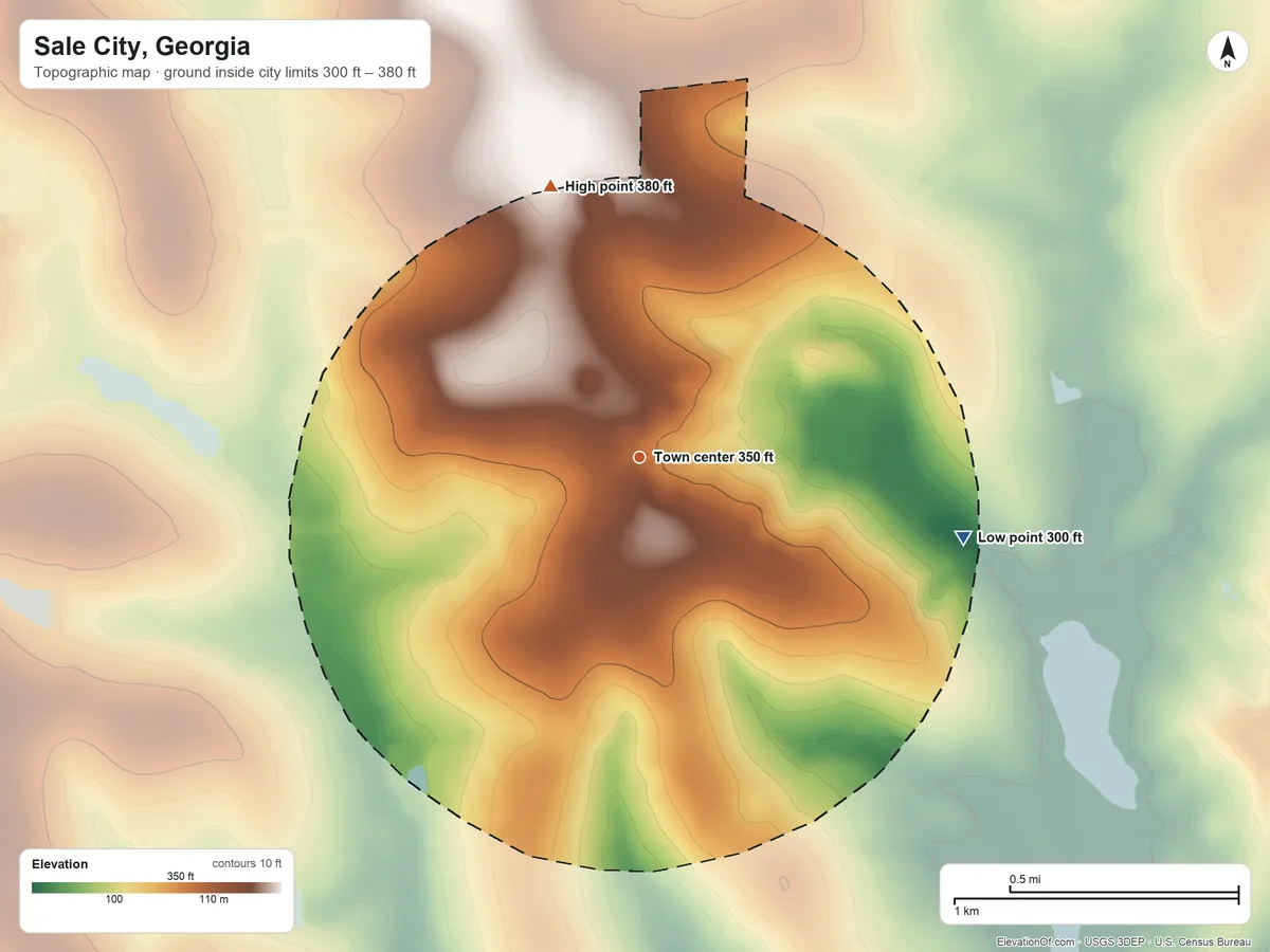 Topographic elevation map of Sale City, Georgia, shaded from 300 ft on the east side to 380 ft on the north side