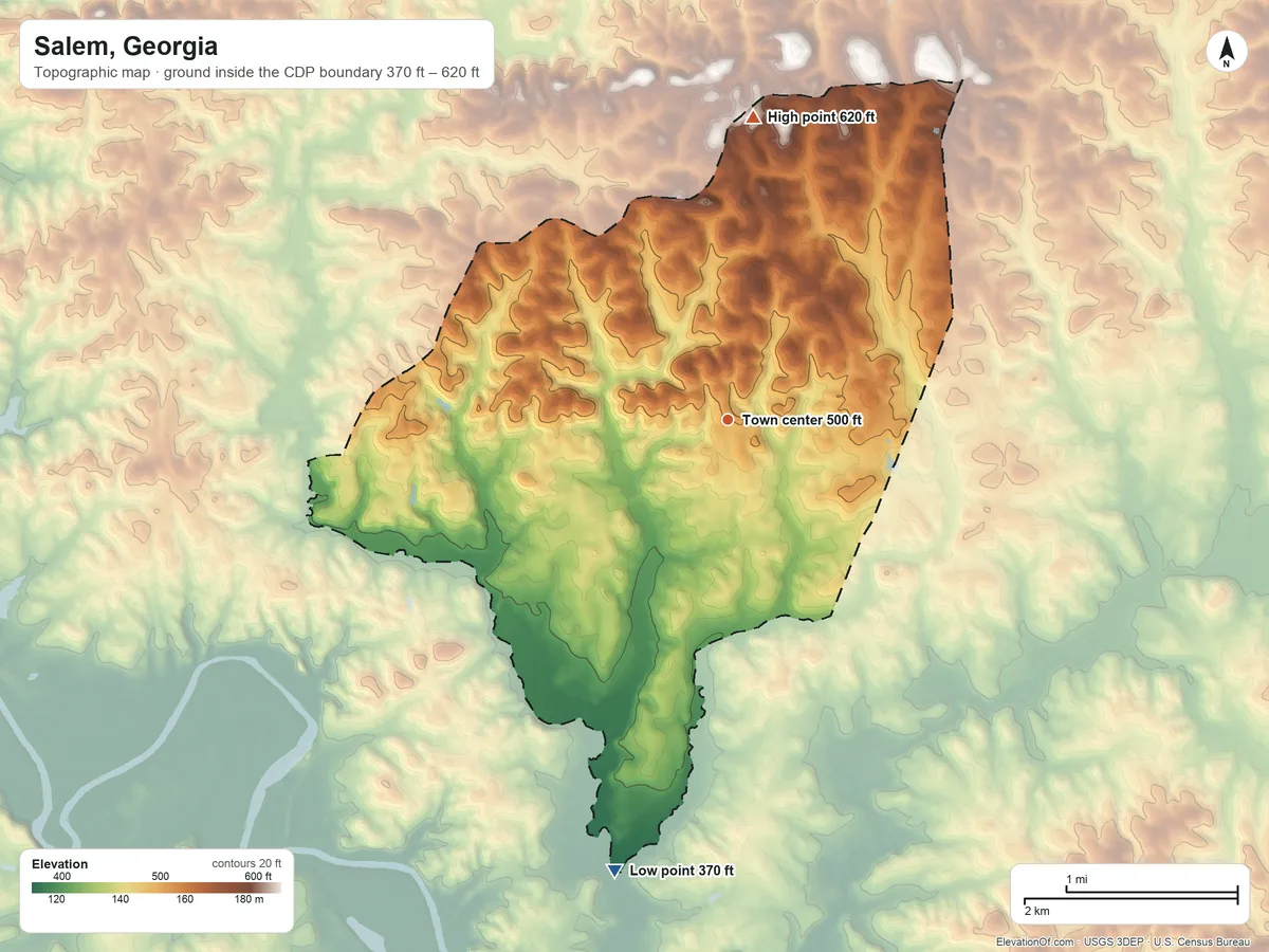 Topographic elevation map of Salem, Georgia, shaded from 370 ft on the south side to 620 ft on the north side