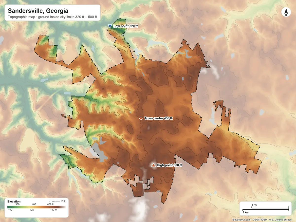 Topographic elevation map of Sandersville, Georgia, shaded from 320 ft on the north side to 500 ft on the south side