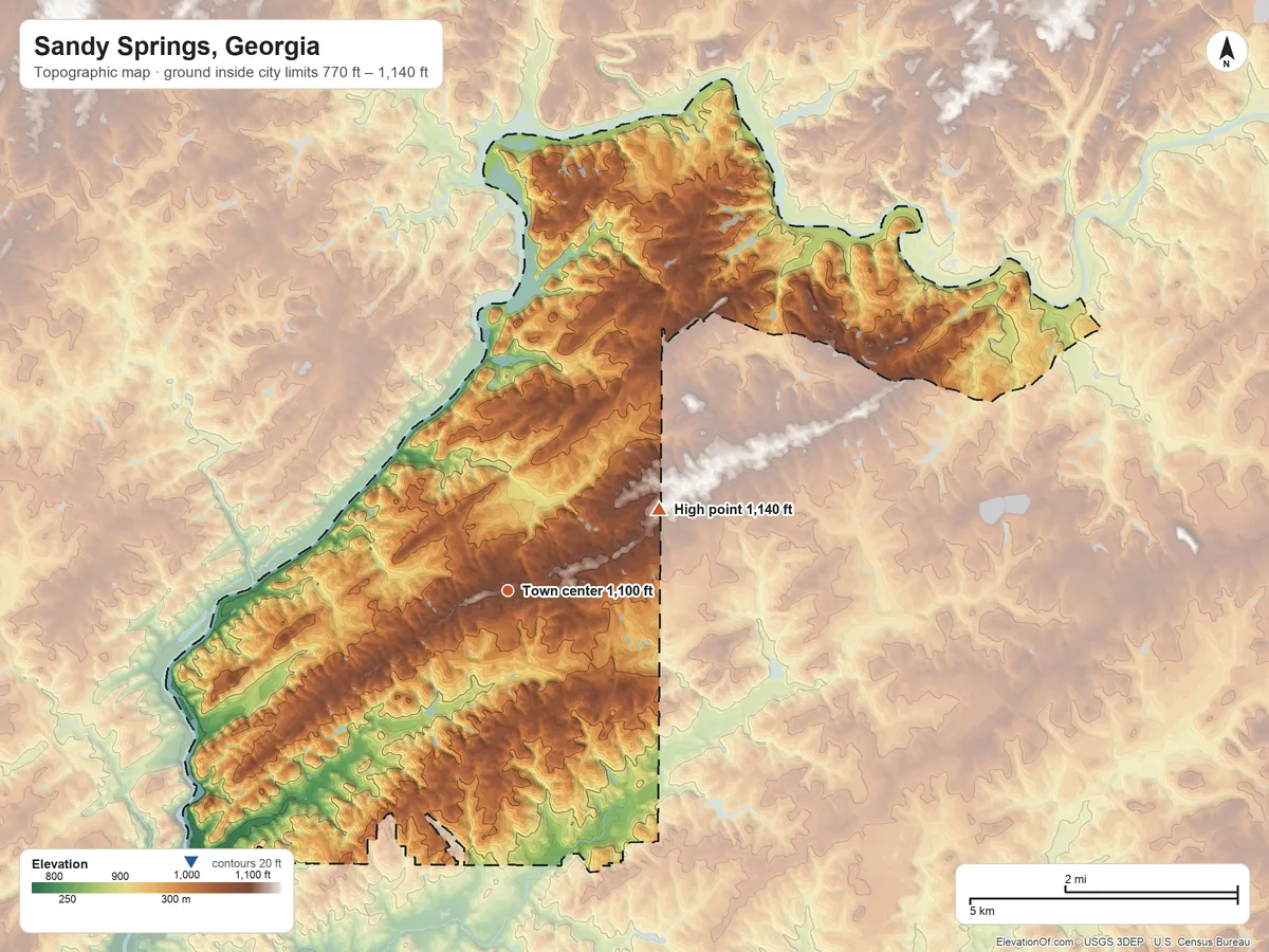 Topographic elevation map of Sandy Springs, Georgia, shaded from 770 ft on the southwest side to 1,140 ft on the northeast side