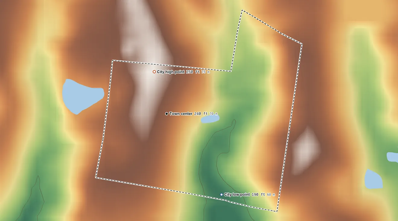 Topographic elevation map of Santa Claus, Georgia, shaded from 190 ft on the southeast side to 250 ft on the north side