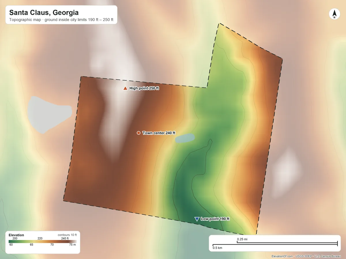 Topographic elevation map of Santa Claus, Georgia, shaded from 190 ft on the southeast side to 250 ft on the north side