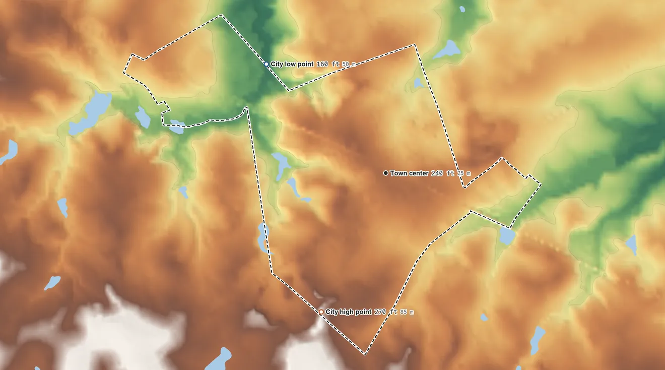 Topographic elevation map of Sardis, Georgia, shaded from 160 ft on the northwest side to 270 ft on the southwest side