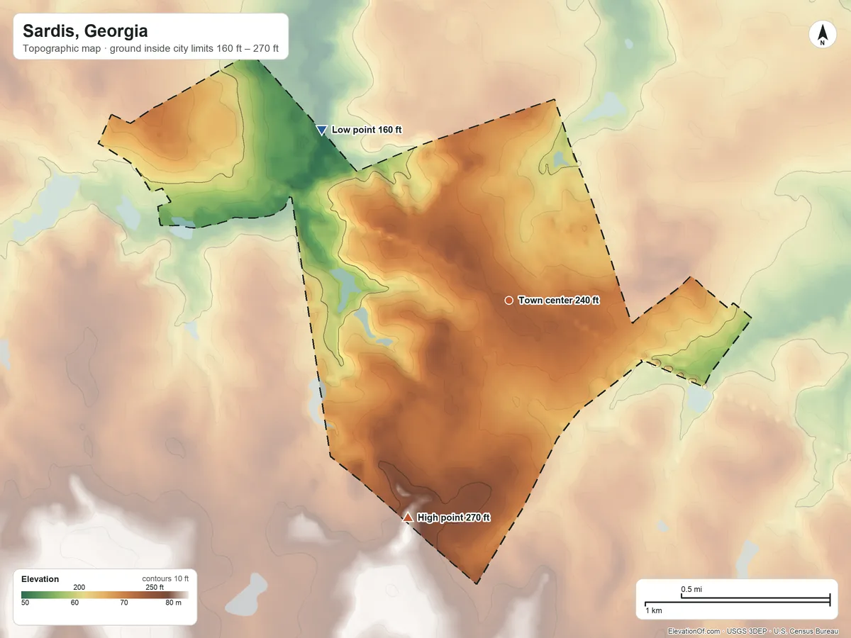 Topographic elevation map of Sardis, Georgia, shaded from 160 ft on the northwest side to 270 ft on the southwest side