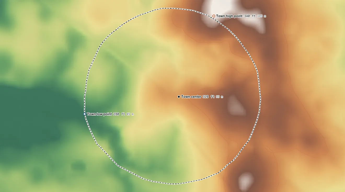 Topographic elevation map of Sasser, Georgia, shaded from 280 ft on the west side to 340 ft on the northeast side
