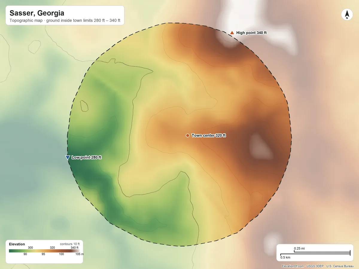 Topographic elevation map of Sasser, Georgia, shaded from 280 ft on the west side to 340 ft on the northeast side
