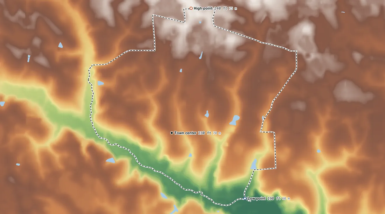 Topographic elevation map of Satilla, Georgia, shaded from 190 ft on the southeast side to 240 ft on the north side