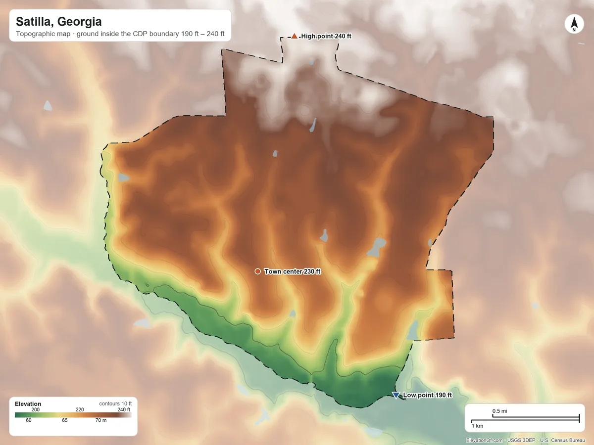 Topographic elevation map of Satilla, Georgia, shaded from 190 ft on the southeast side to 240 ft on the north side