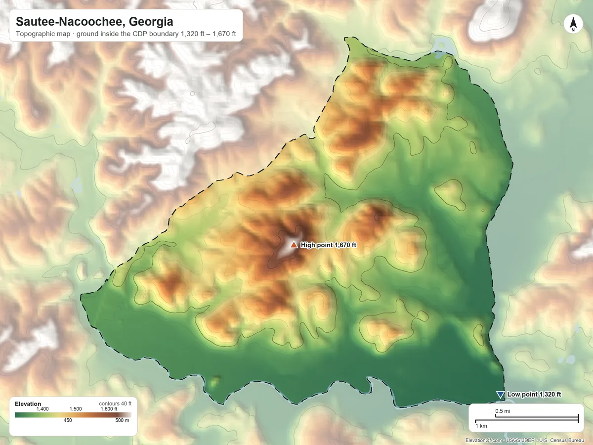 Topographic elevation map of Sautee-Nacoochee, Georgia, shaded from 1,320 ft on the southeast side to 1,670 ft on the west side