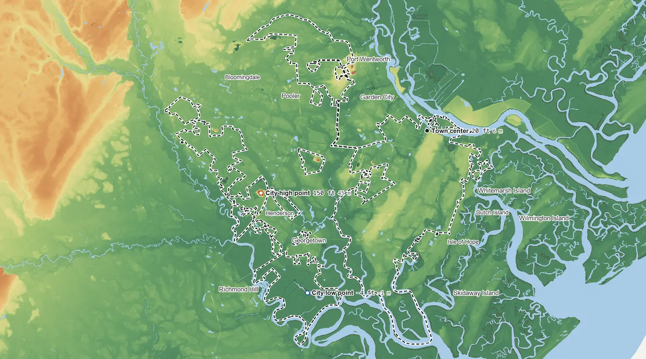Topographic elevation map of Savannah, Georgia, shaded from −4 ft on the southwest side to 150 ft on the west side