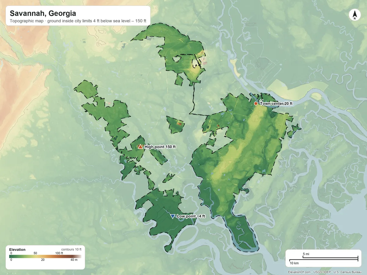 Topographic elevation map of Savannah, Georgia, shaded from −4 ft on the southwest side to 150 ft on the west side