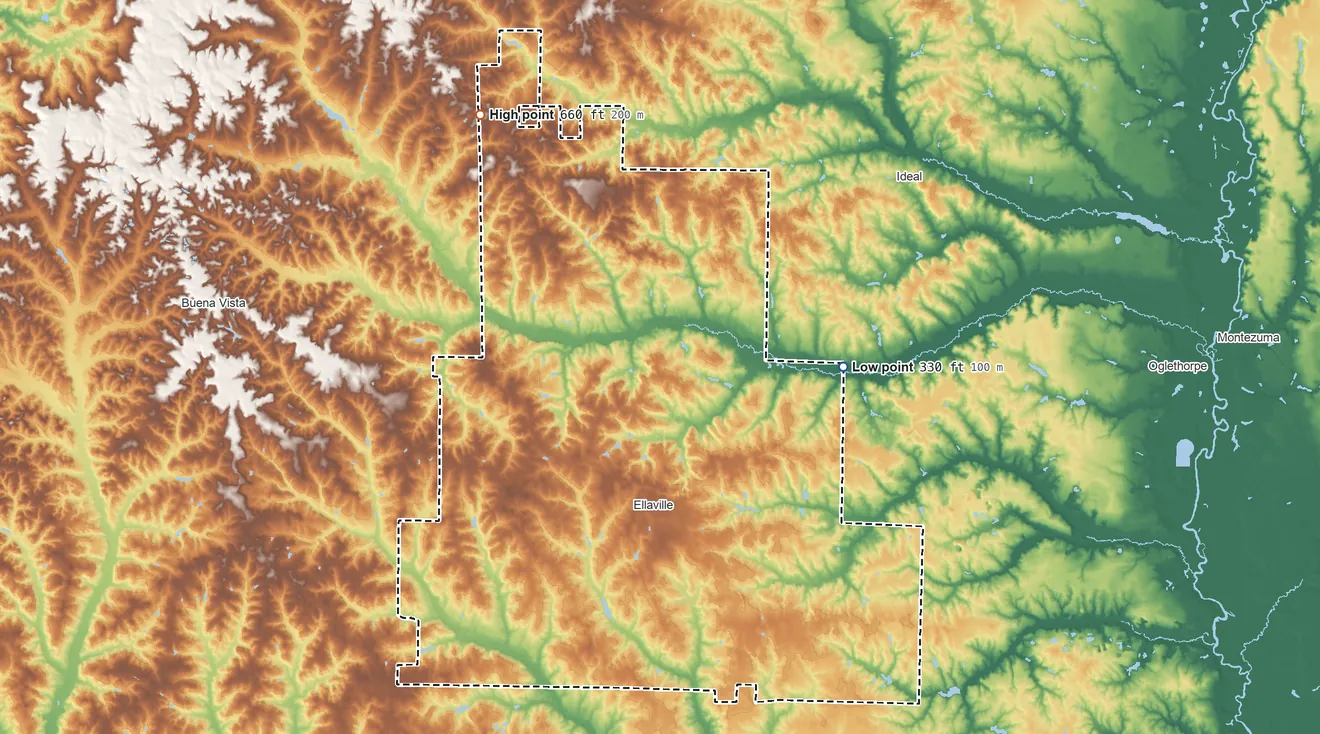 Topographic elevation map of Schley County, Georgia, shaded from 330 ft on the east side to 660 ft on the northwest side