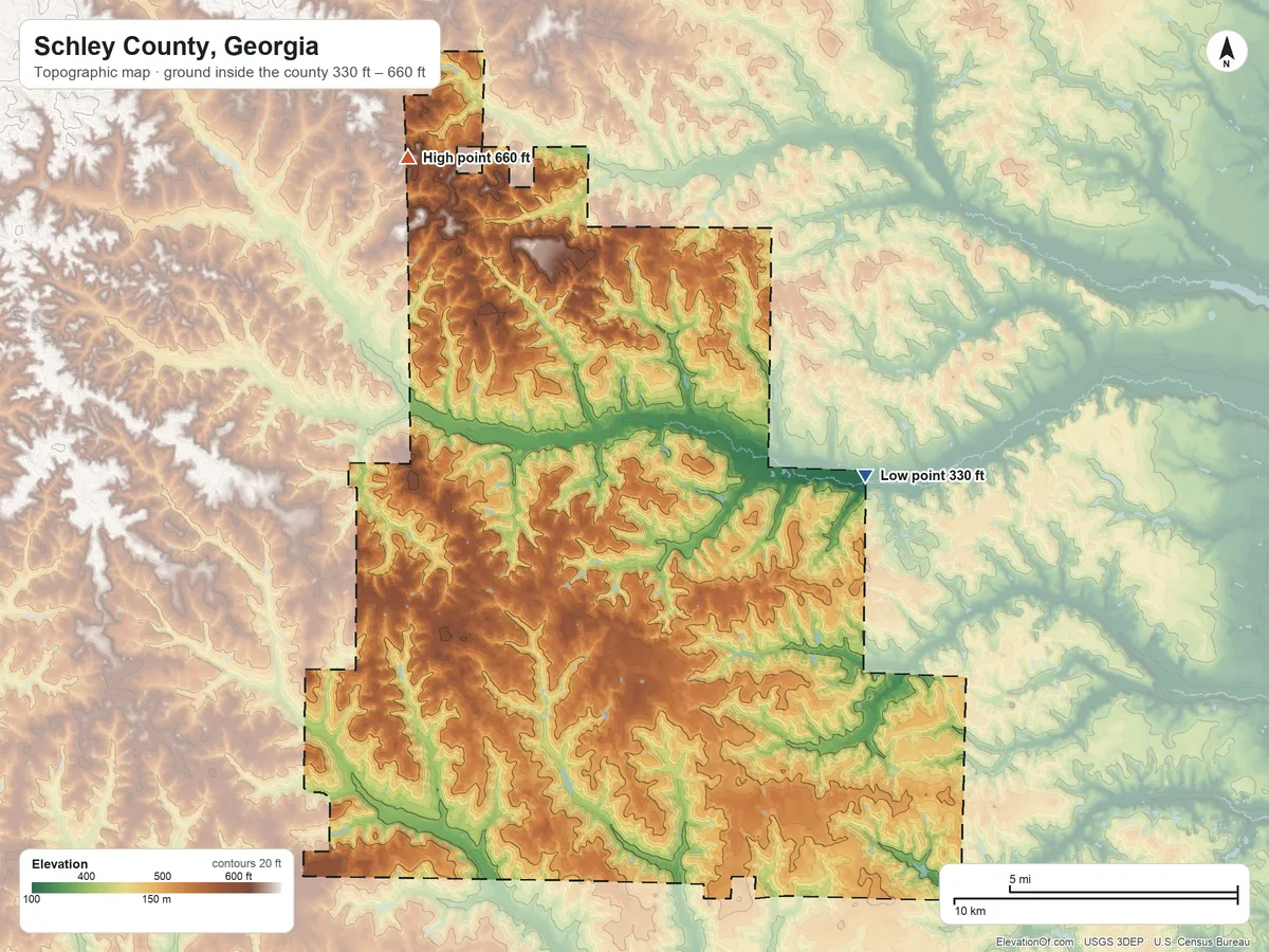 Topographic elevation map of Schley County, Georgia, shaded from 330 ft on the east side to 660 ft on the northwest side