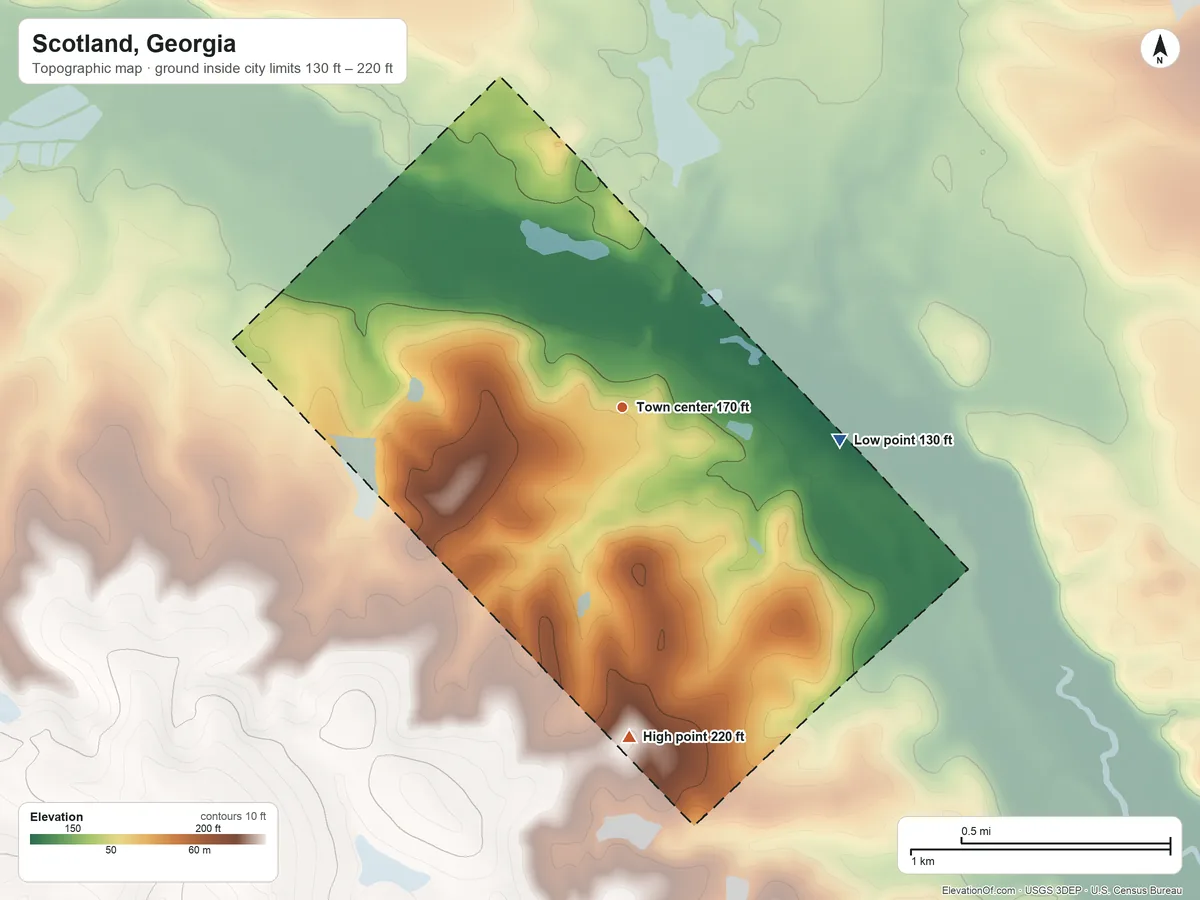Topographic elevation map of Scotland, Georgia, shaded from 130 ft on the east side to 220 ft on the south side