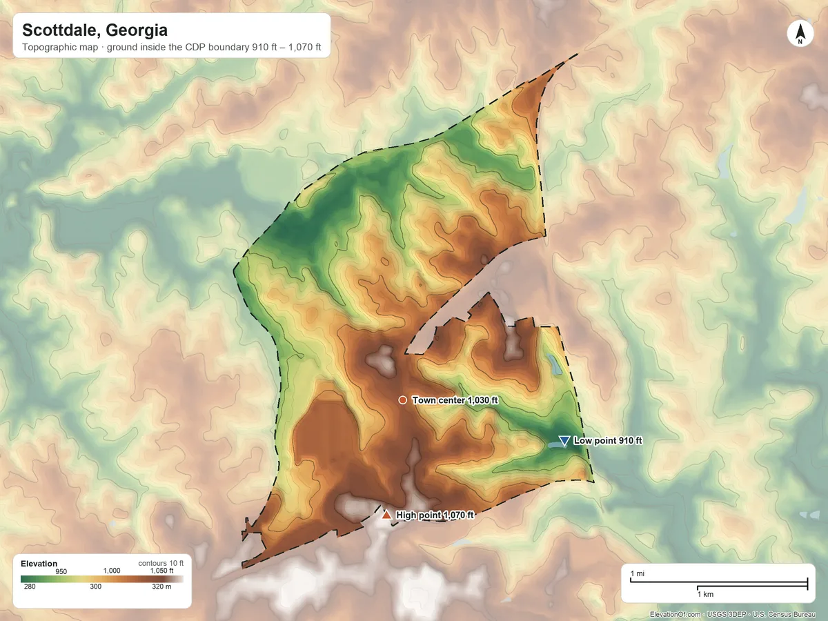 Topographic elevation map of Scottdale, Georgia, shaded from 910 ft on the east side to 1,070 ft on the south side