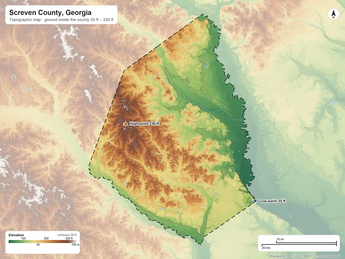 Topographic elevation map of Screven County, Georgia, shaded from 35 ft on the southeast side to 330 ft on the west side
