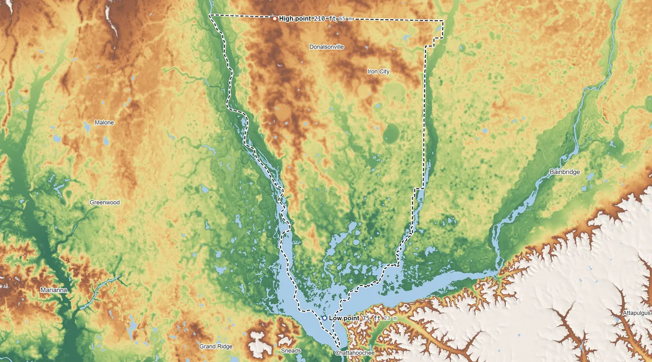 Topographic elevation map of Seminole County, Georgia, shaded from 75 ft on the south side to 210 ft on the north side