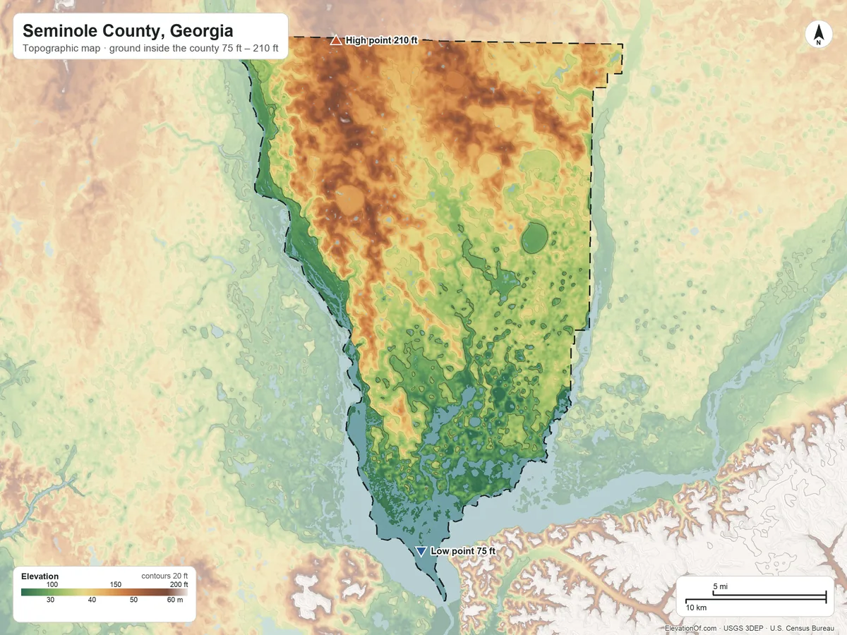 Topographic elevation map of Seminole County, Georgia, shaded from 75 ft on the south side to 210 ft on the north side