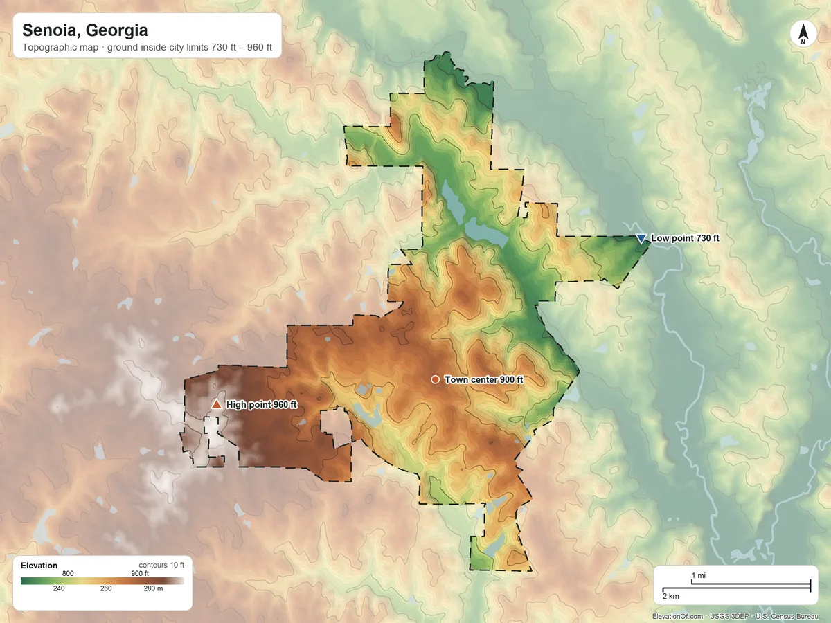 Topographic elevation map of Senoia, Georgia, shaded from 730 ft on the northeast side to 960 ft on the west side