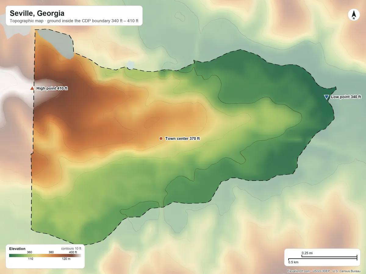 Topographic elevation map of Seville, Georgia, shaded from 340 ft on the east side to 410 ft on the west side
