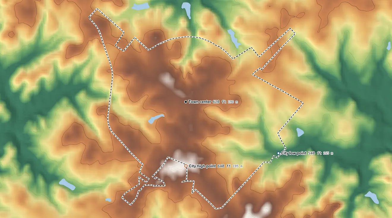 Topographic elevation map of Shady Dale, Georgia, shaded from 540 ft on the southeast side to 640 ft on the south side
