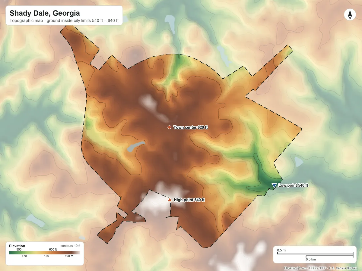 Topographic elevation map of Shady Dale, Georgia, shaded from 540 ft on the southeast side to 640 ft on the south side